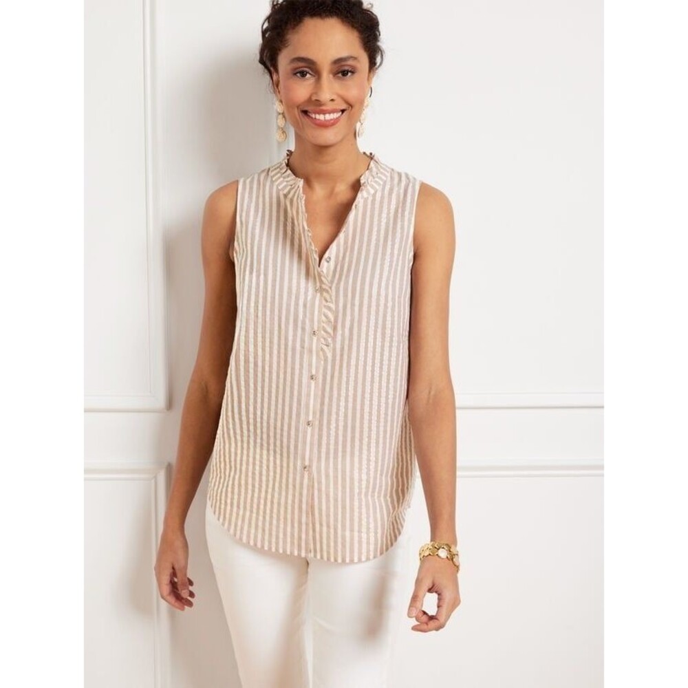 NWOT Talbots sleeveless seersucker top, white, beige, gold, size L